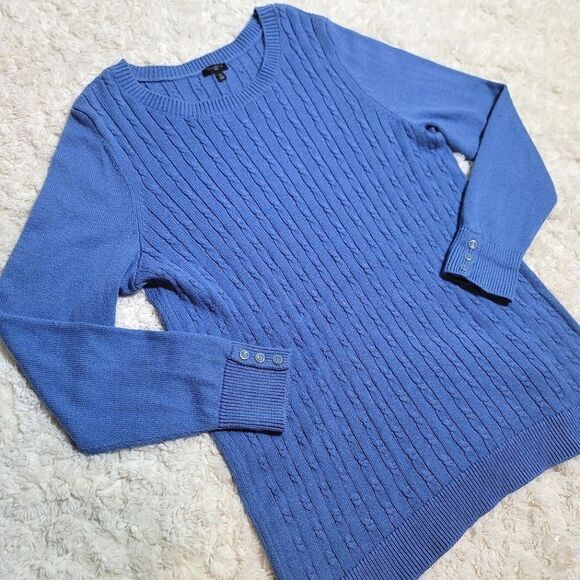 Talbots Blue Button Cuff Cable-Knit Ribbed Crew Neck Sweater - Picture 4 of 8